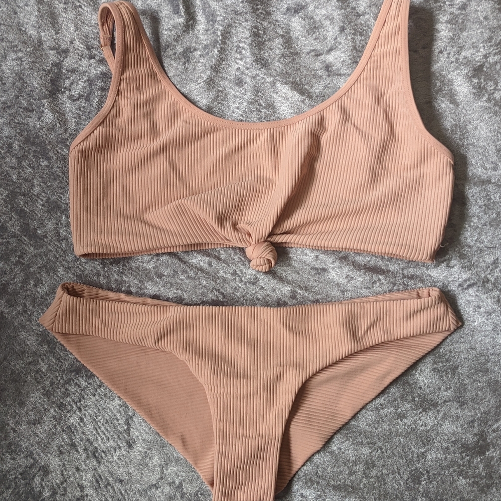 Frankies Bikinis ribbed knot bikini set blush pink M L cheeky